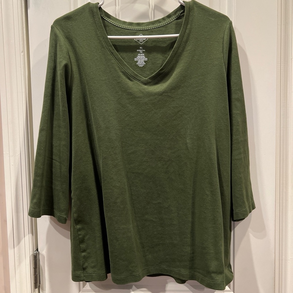 St Johns Bay Elbow Length Green V-Neck Essential Cotton Tee Shirt Top Sz XL